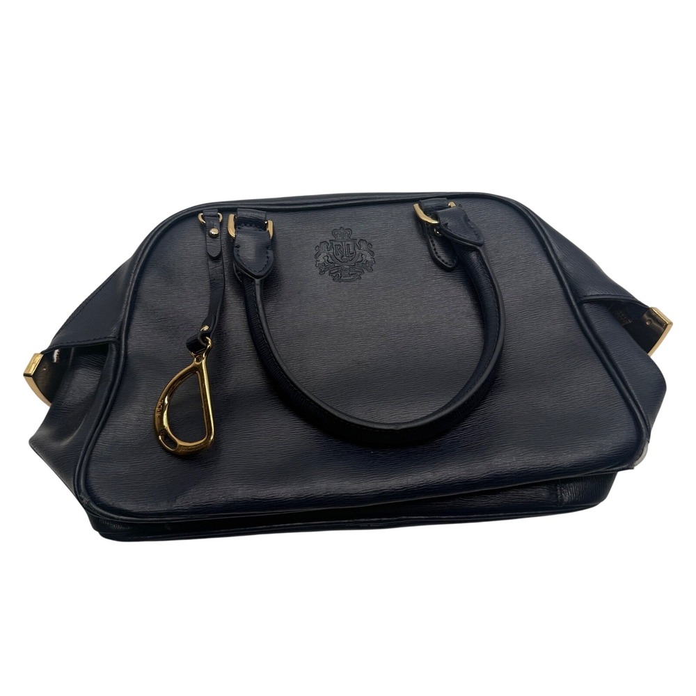 Lauren Ralph Lauren Navy Blue Leather Crest Satchel Handbag Gold Hardware